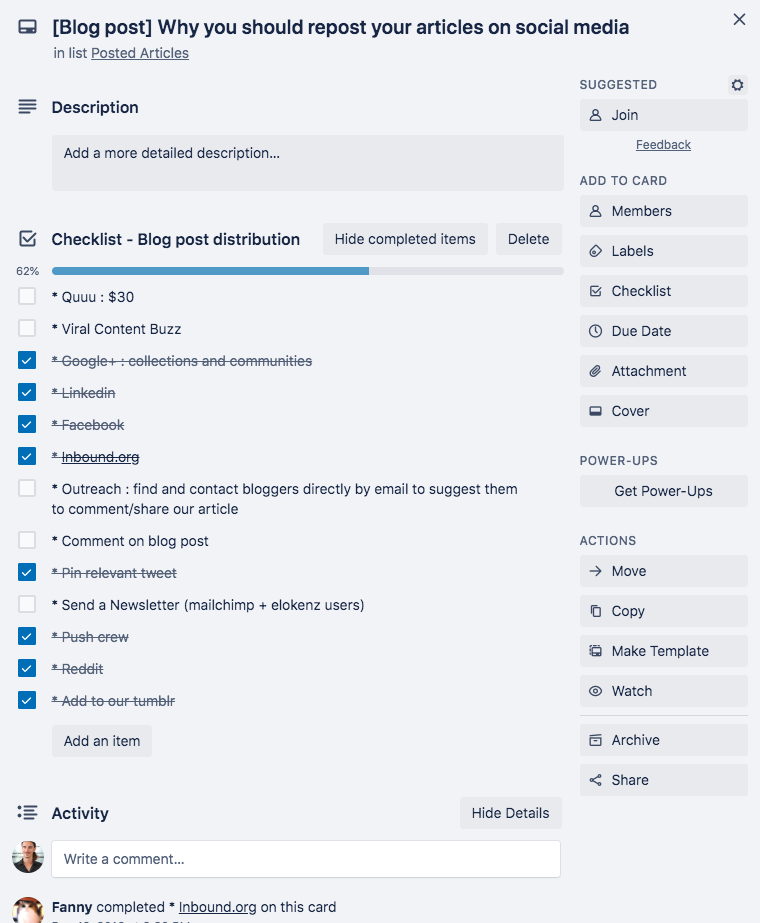 Trello todo list to distribute a blog post